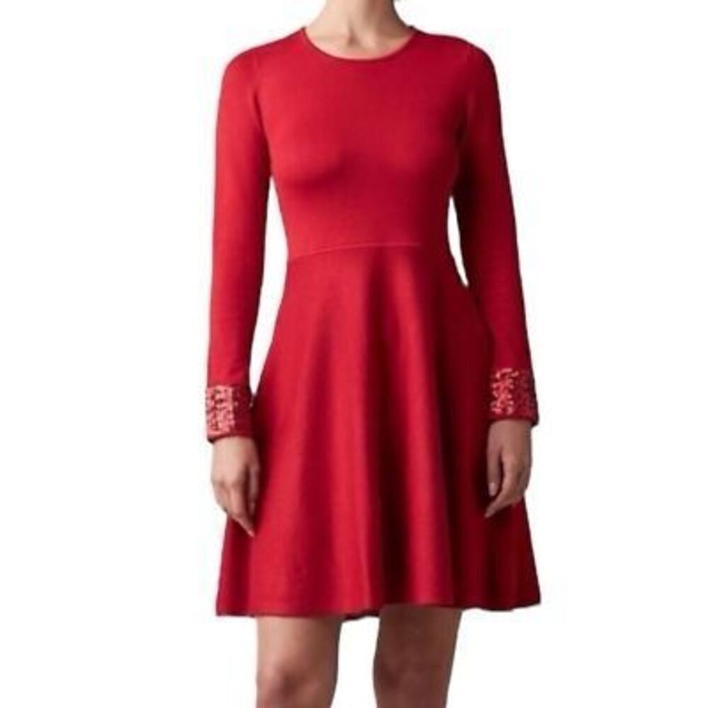 Jason Wu Red Round Neck Long Sleeve Sequined Cuff A-Line Knit Sweater Dress Sz X